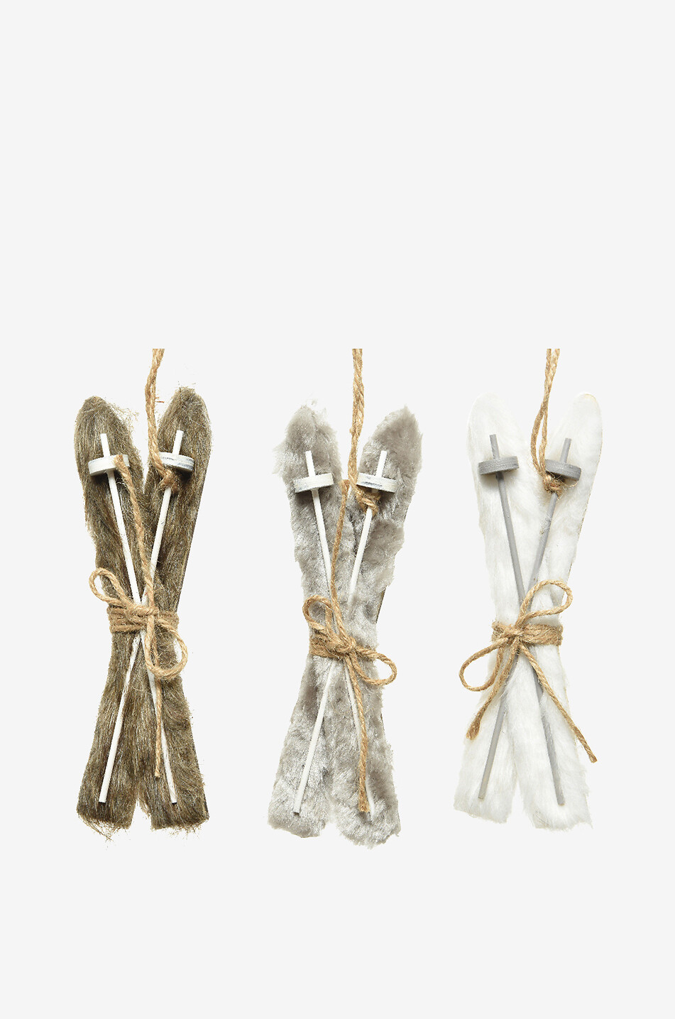 Furry Skis set of 3 hanging Christmas ornaments