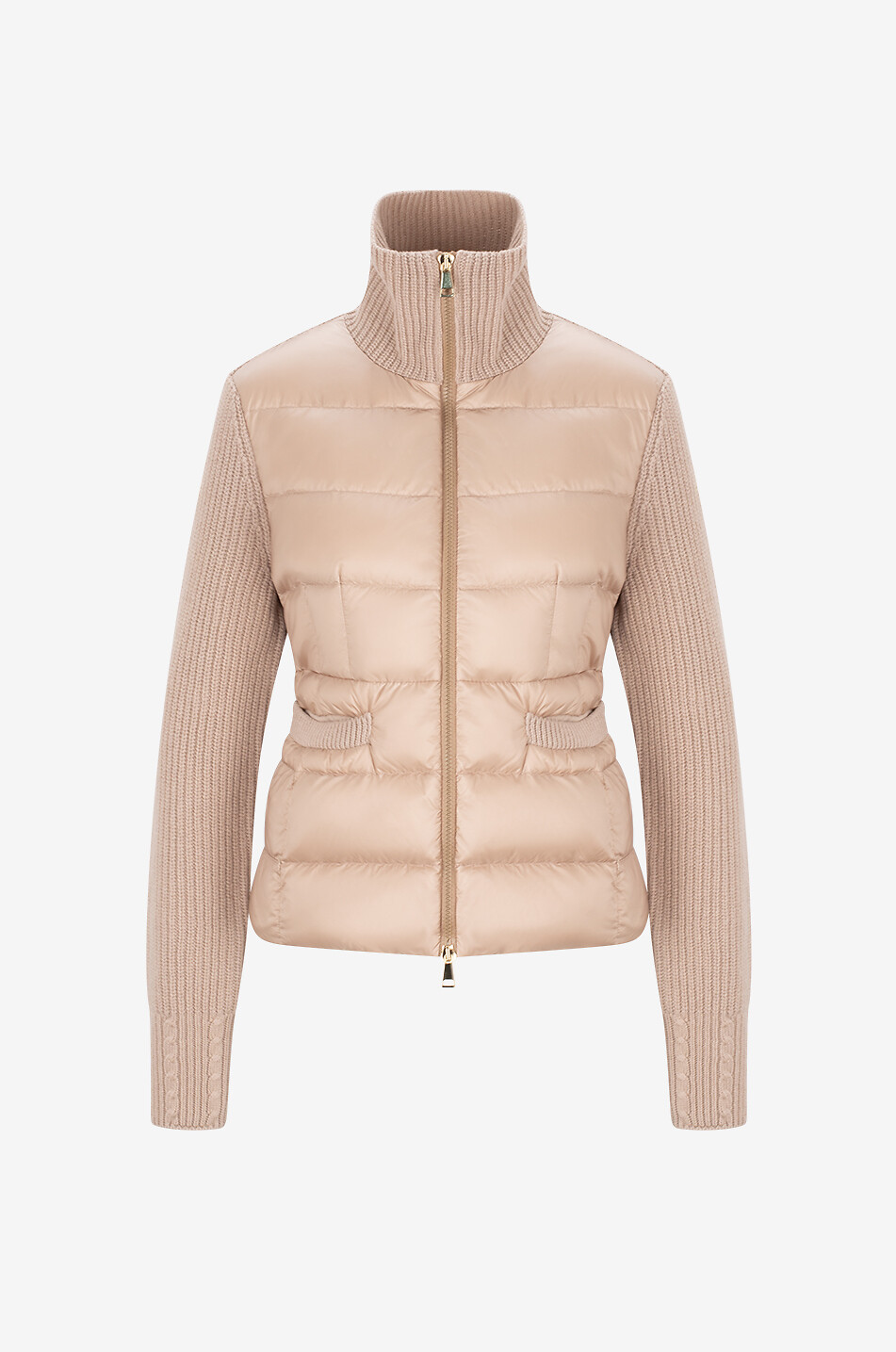 Cinched wool full-zip cardigan with down parts