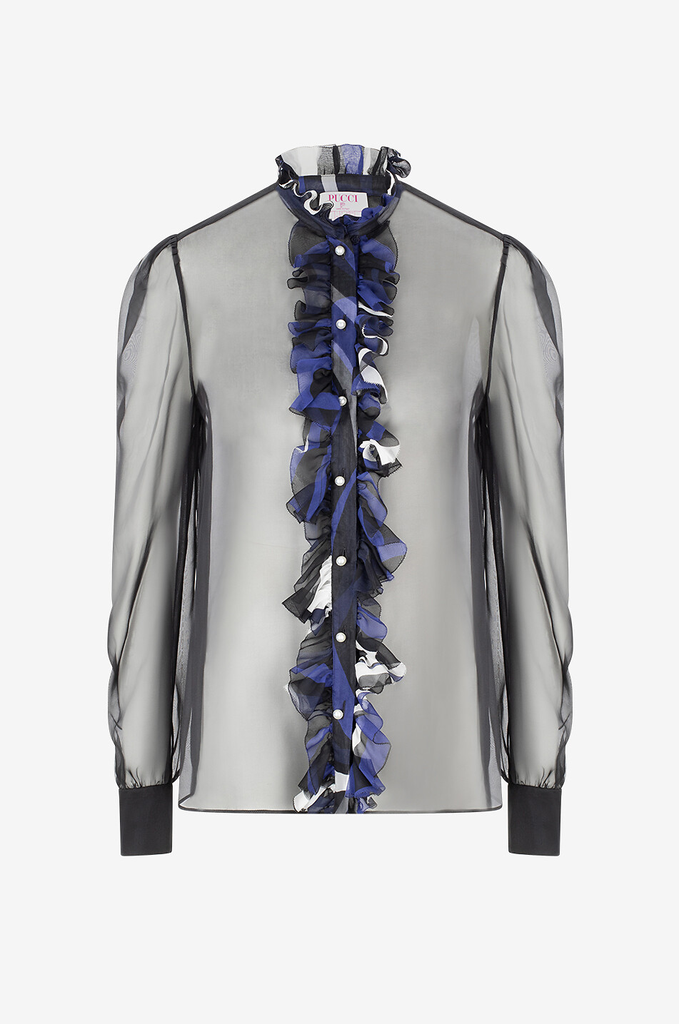Silk chiffon shirt with Iride-printed ruffles