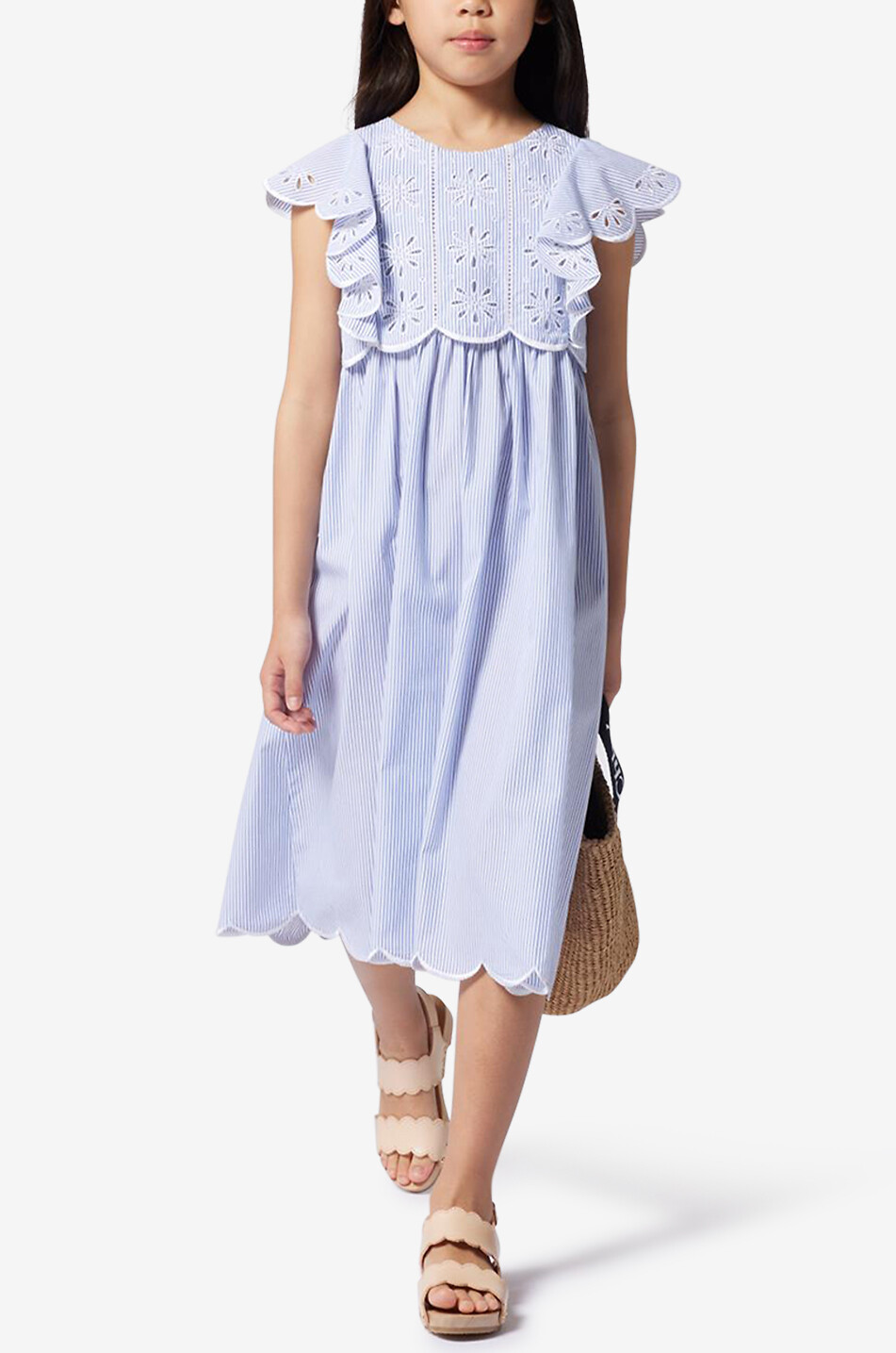 CHLOE Openwork embroidered striped poplin sleeveless girls' dress Girl LIGHT BLUE 3
