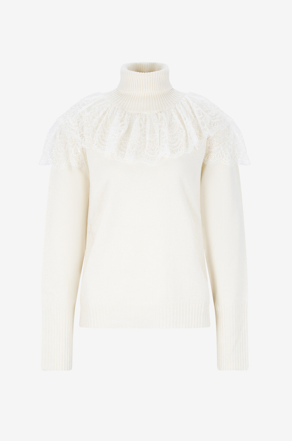 Wool and cashmere high-neck jumper with lace ruffle