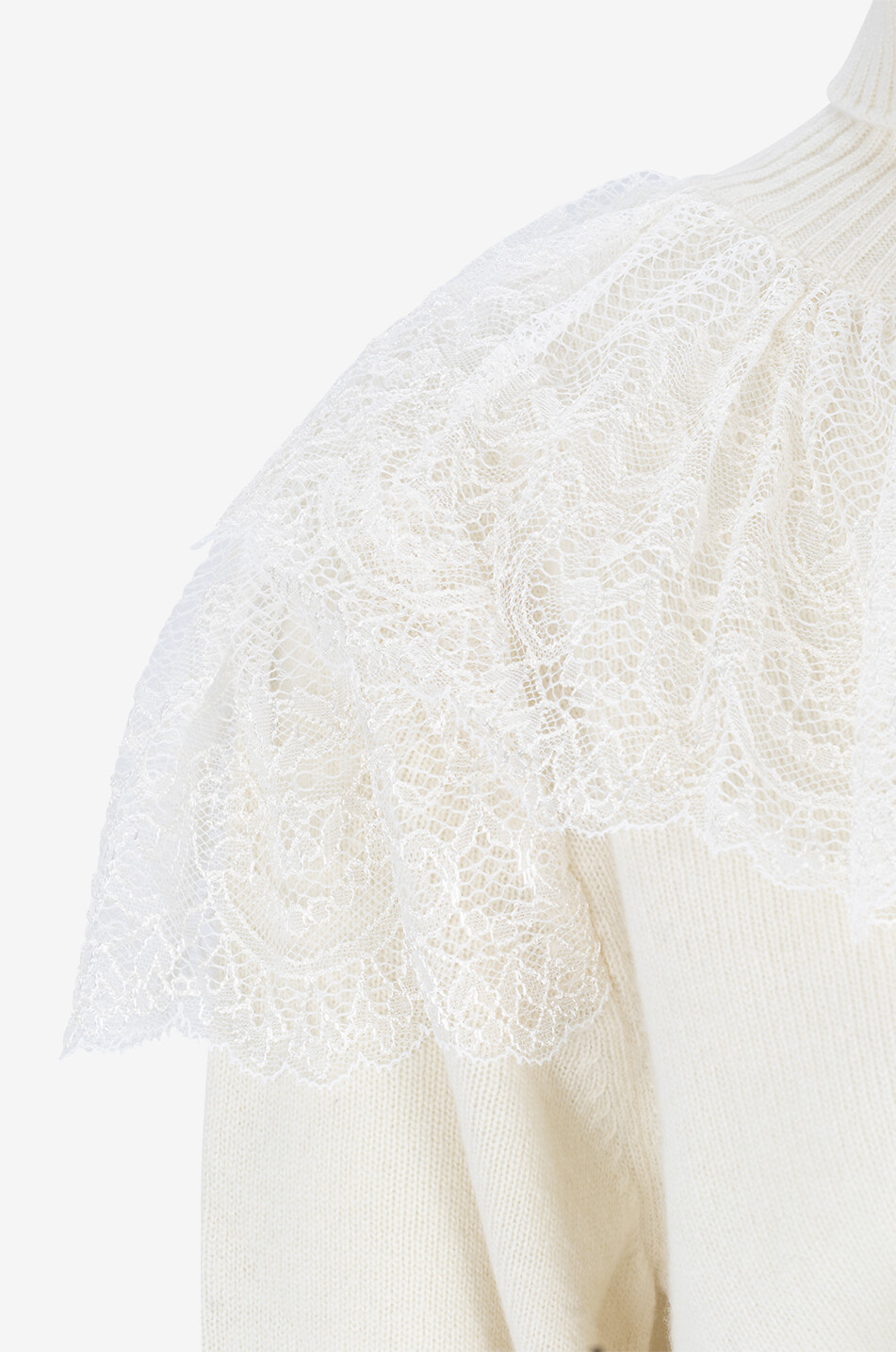 TWINSET Pullover mit Stehkragen aus Wolle und Kaschmir mit Spitzenrüsche Damen CREMEFARBEN 3