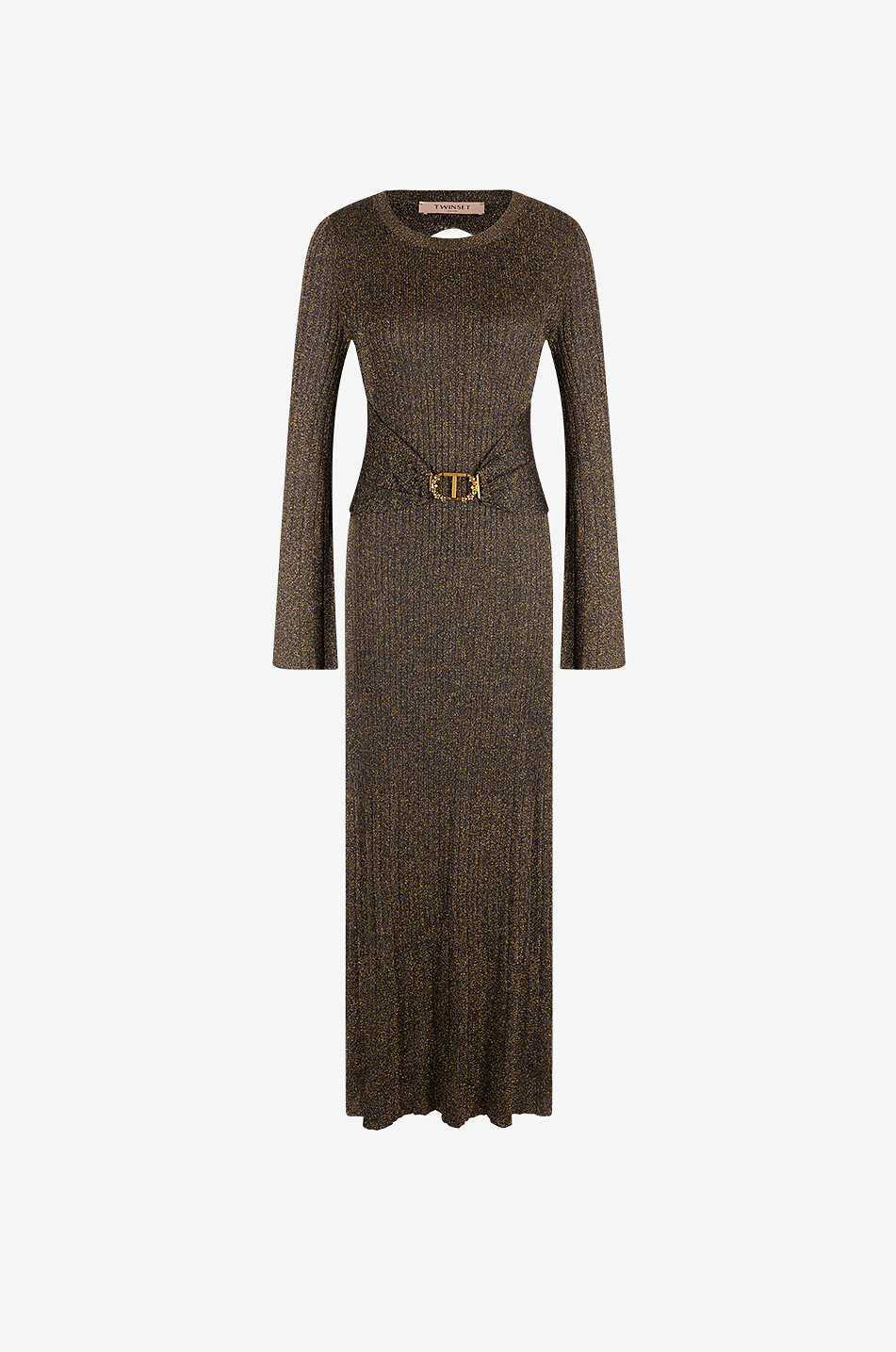 Long Lurex knit dress with back-cut-out and buckle