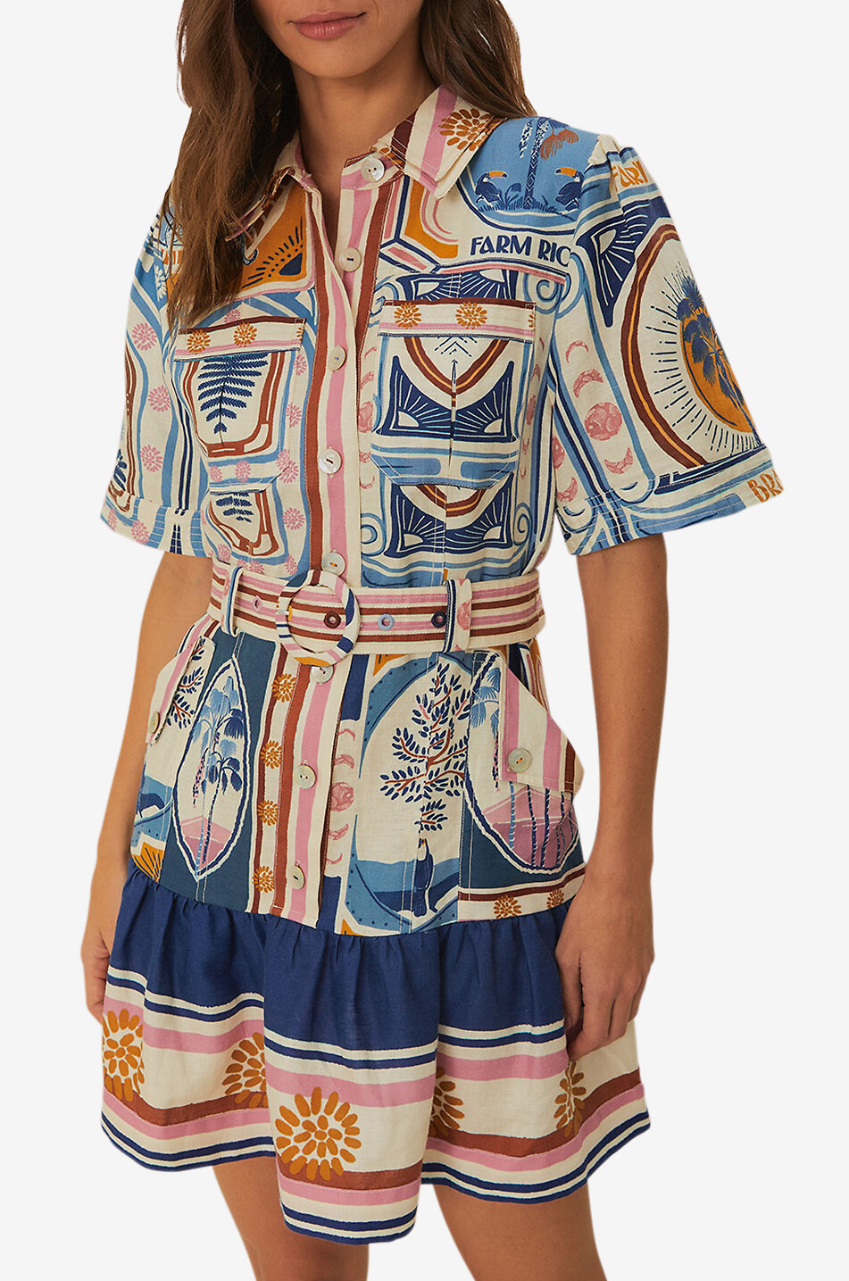 FARM RIO Cerrado Stamps linen mini dress Women MULTI COLOURED 3