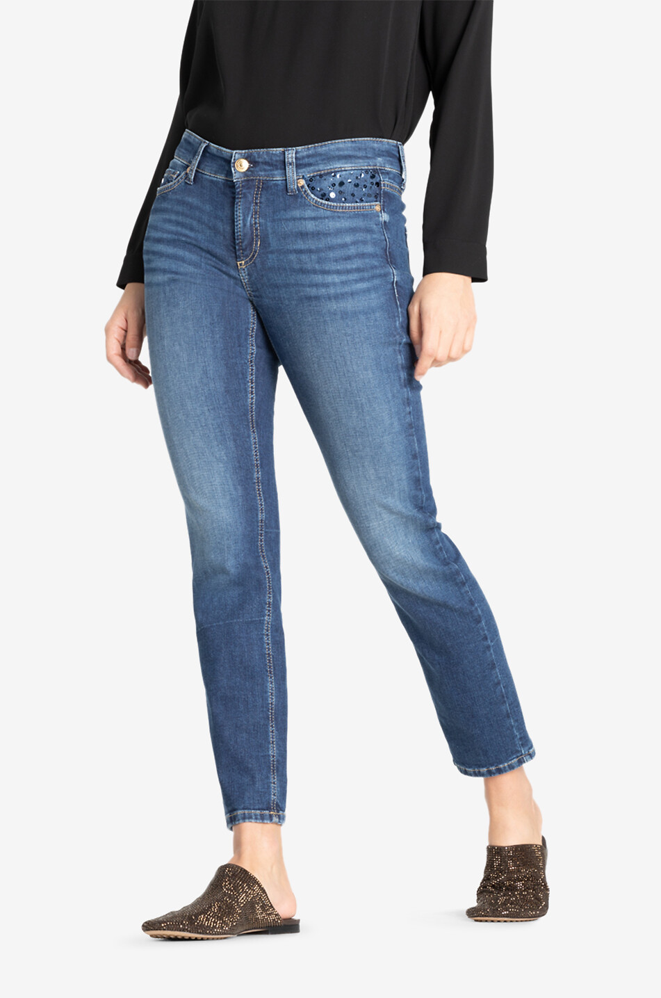 Ausgewaschene verkürzte Slim-Fit-Jeans mit Pailletten Piper