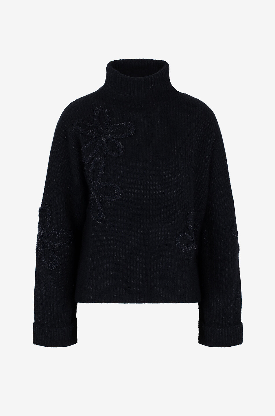 HEMISPHERE Glitzernder Kaschmirmix-Boxy-Rippstrick-Pullover mit Blütenstickereien Damen SCHWARZ 1