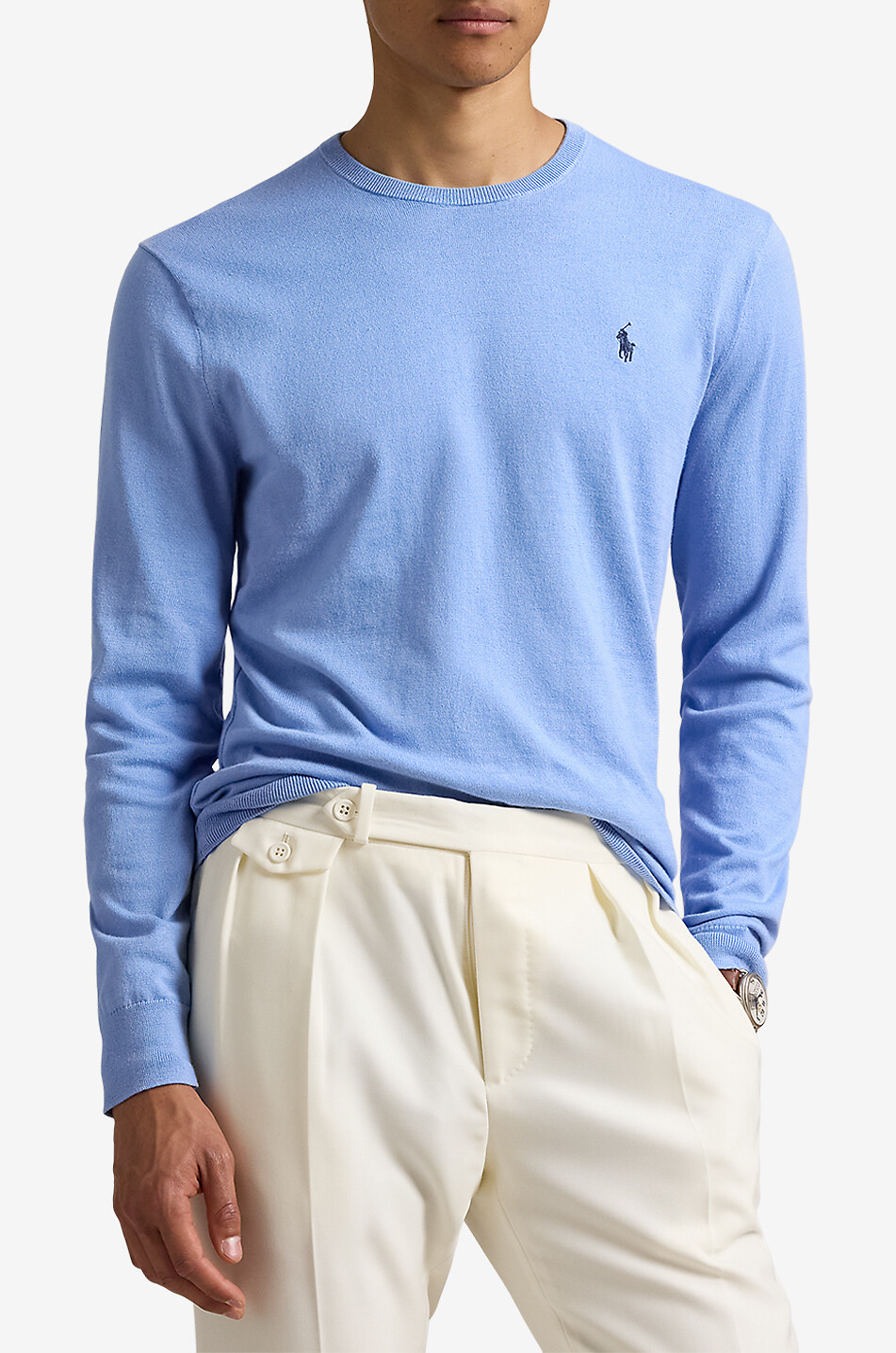POLO RALPH LAUREN Pull slim à col rond en coton texturé Pony Homme BLEU MOYEN 2