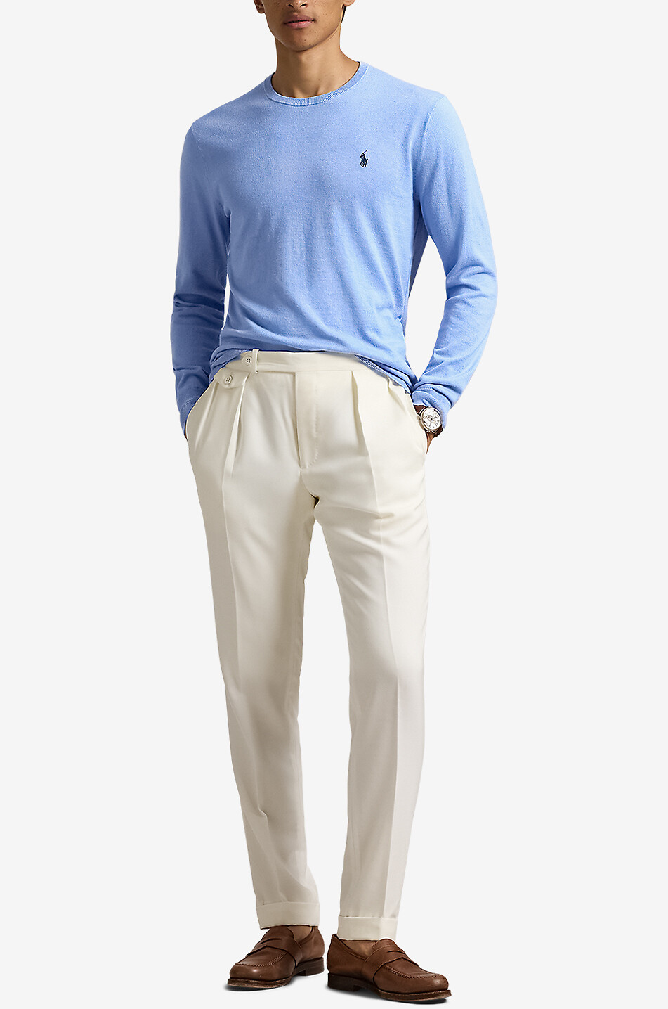 POLO RALPH LAUREN Pull slim à col rond en coton texturé Pony Homme BLEU MOYEN 4