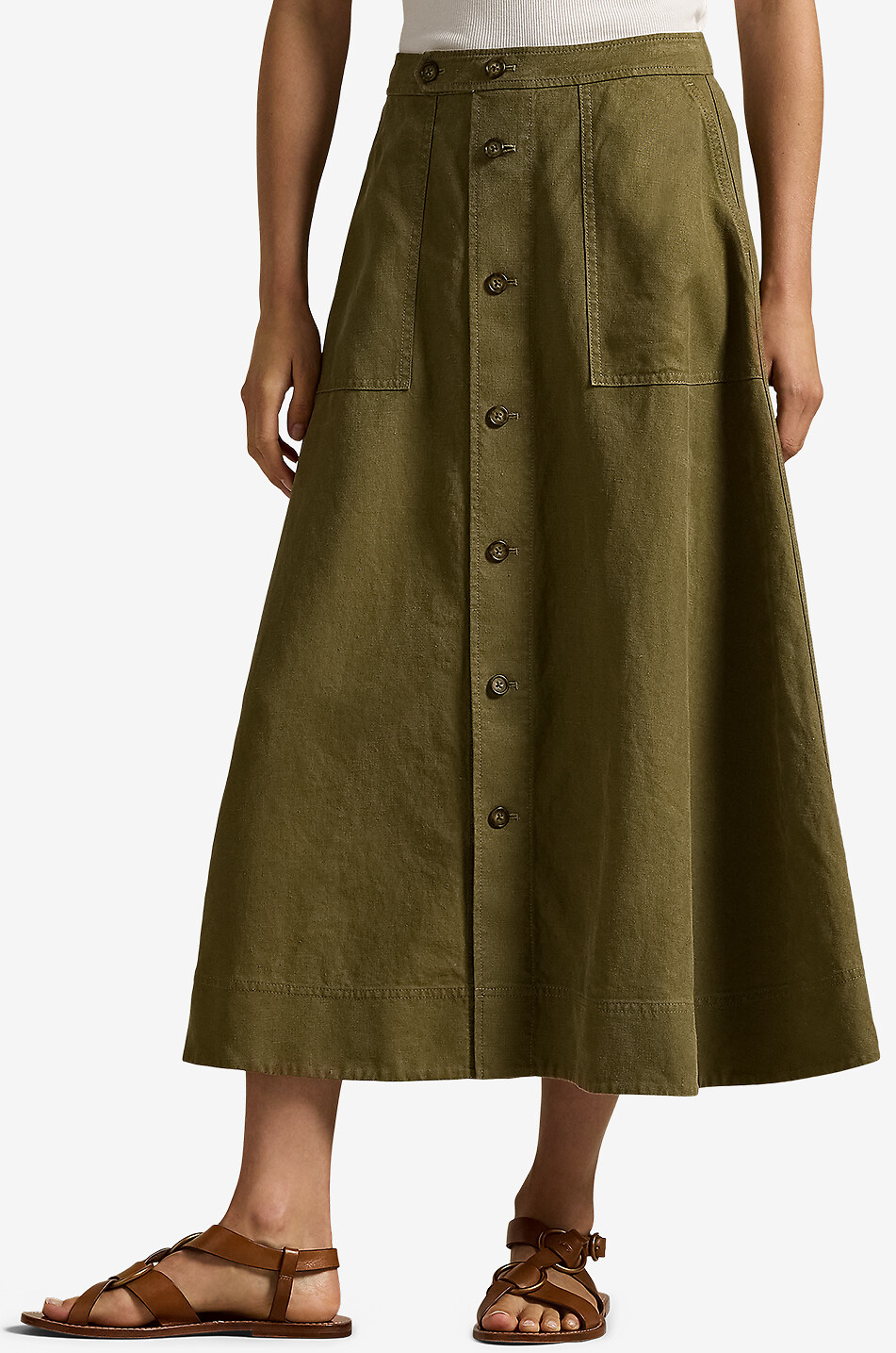 POLO RALPH LAUREN Flared button-down midi skirt in hemp Women KHAKI 2