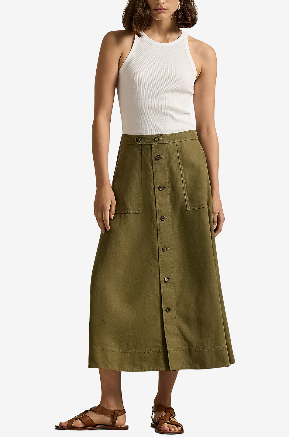 POLO RALPH LAUREN Flared button-down midi skirt in hemp Women KHAKI 4