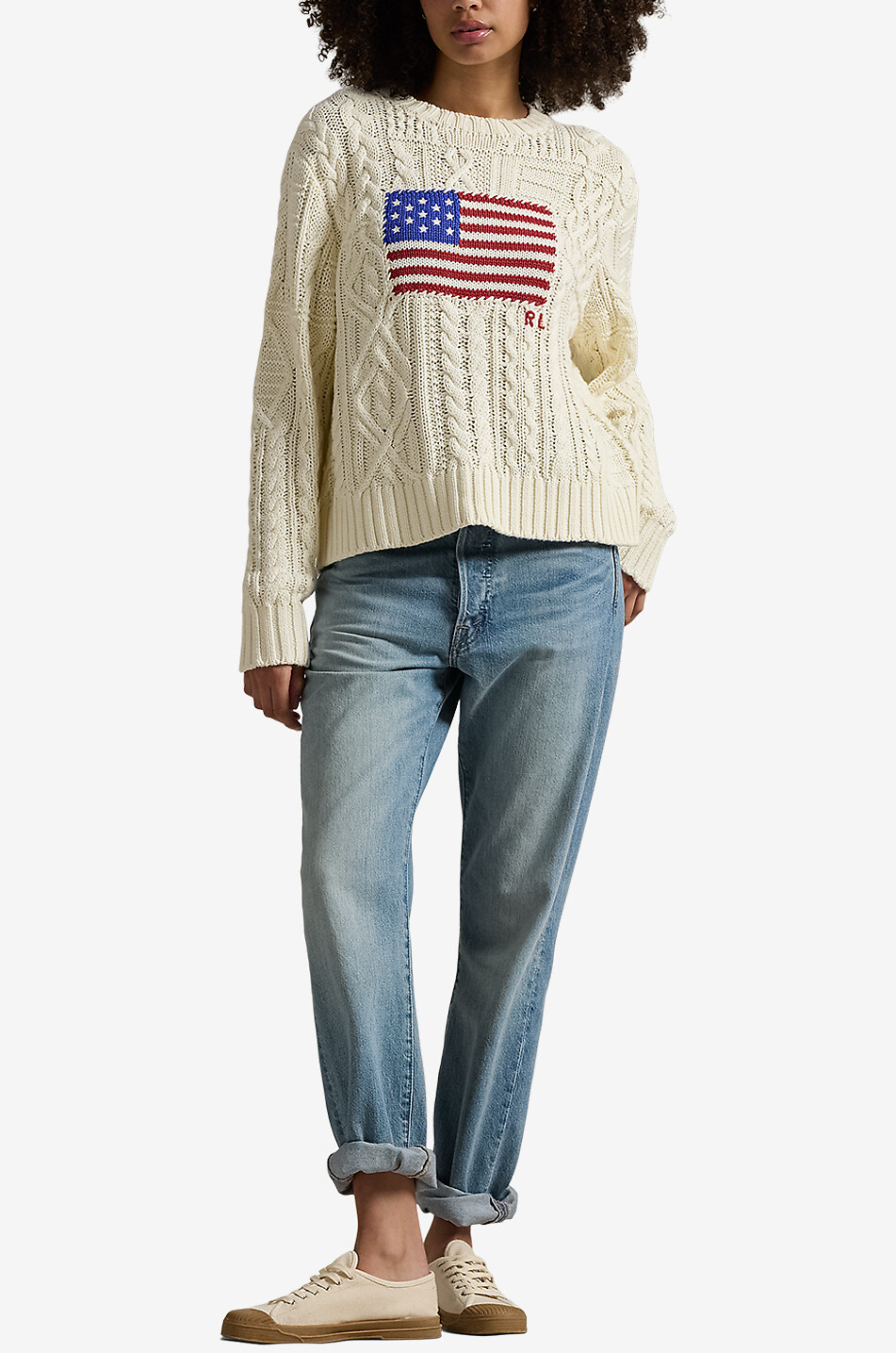 POLO RALPH LAUREN Pull torsadé en coton Aran Flag Femme BLANC CASSE 4