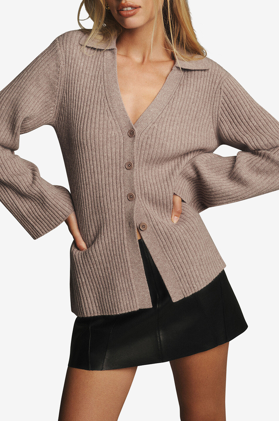 REFORMATION Shea collared ribbed recycled cashmere cardigan Women BEIGE 3