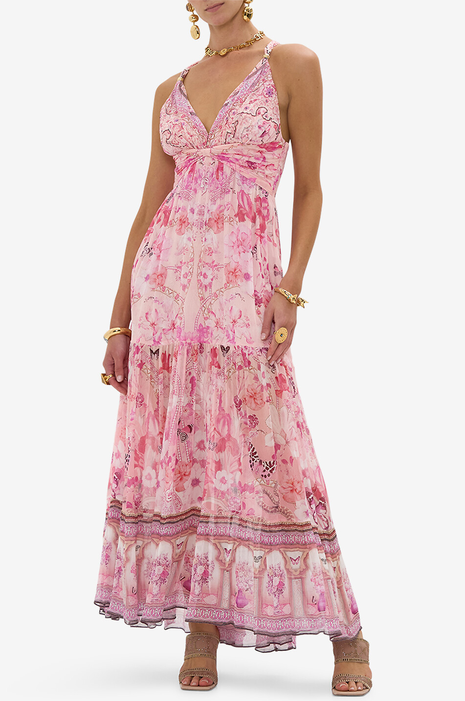 CAMILLA Robe à bretelles longue en georgette de soie Bead Strap Botanical Novella Femme ROSE 3