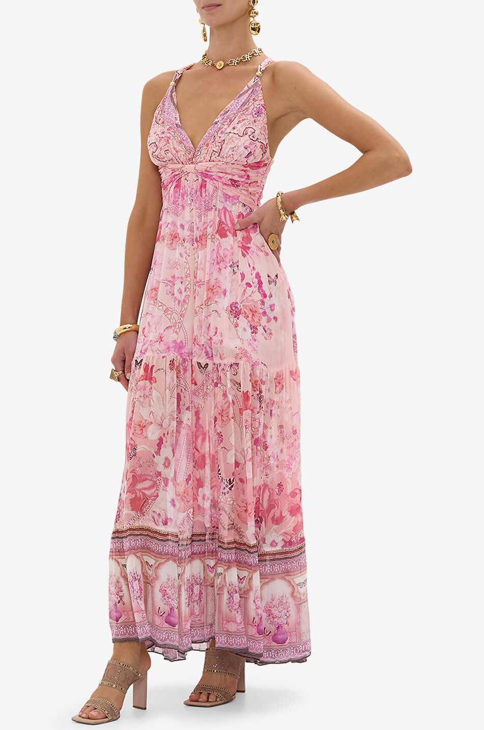 CAMILLA Robe à bretelles longue en georgette de soie Bead Strap Botanical Novella Femme ROSE 4