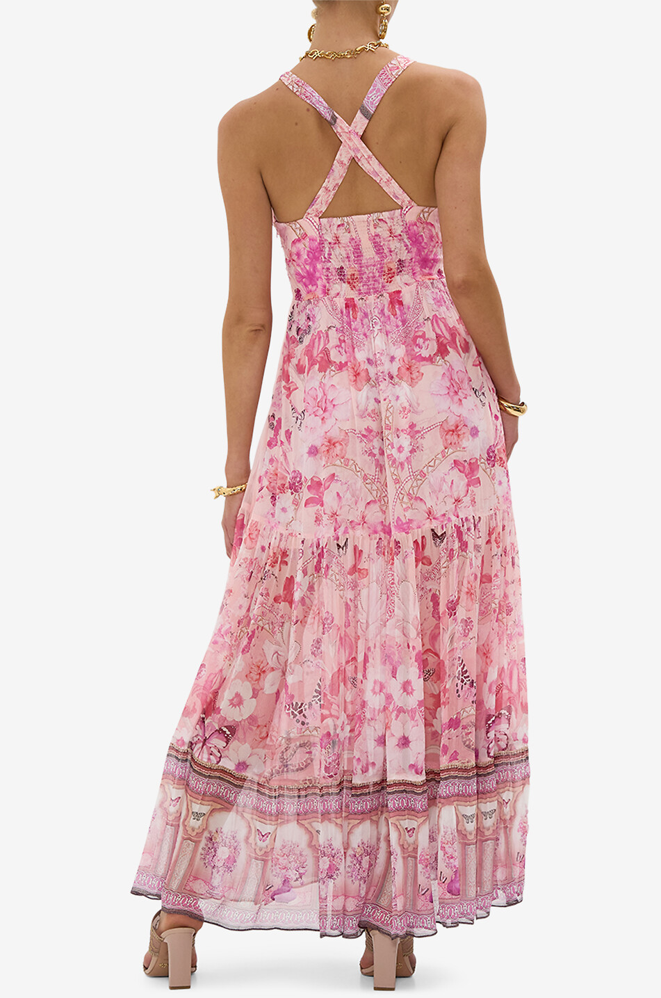 CAMILLA Robe à bretelles longue en georgette de soie Bead Strap Botanical Novella Femme ROSE 5