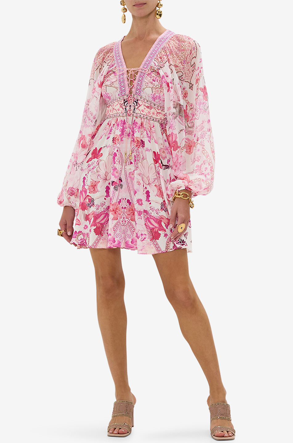 CAMILLA Mini robe en soie Lace Up Front Botanical Novella Femme ROSE 4
