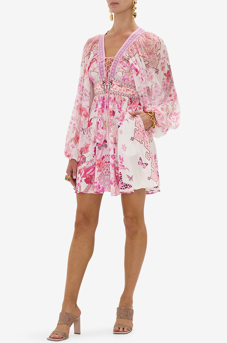 CAMILLA Mini robe en soie Lace Up Front Botanical Novella Femme ROSE 6