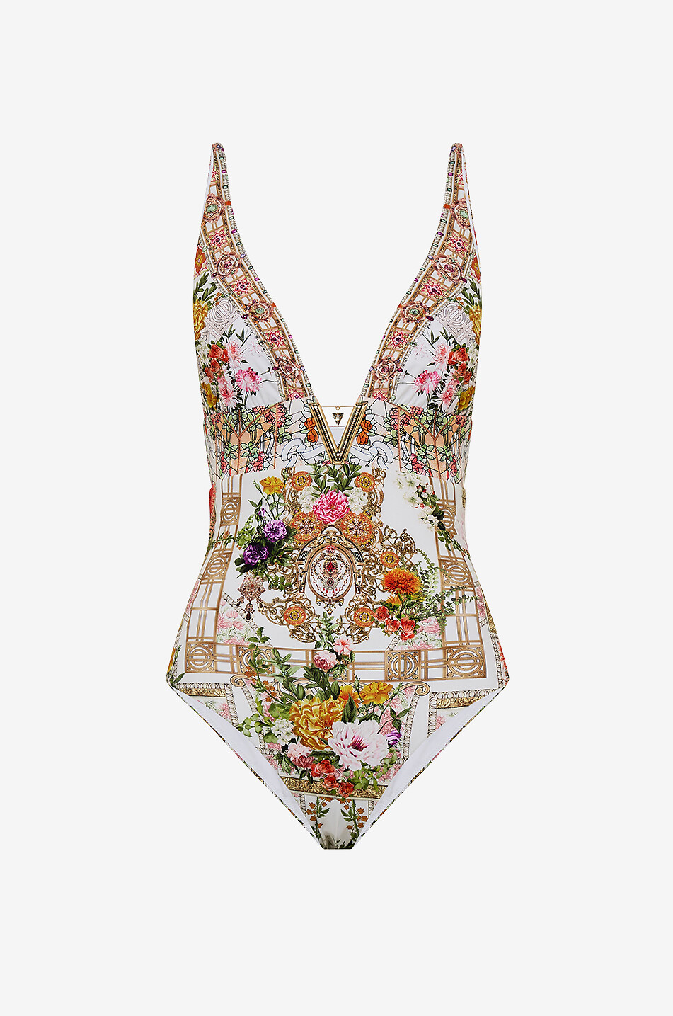 High Tri Egyptian Rose crystal-clad V-neck swimsuit