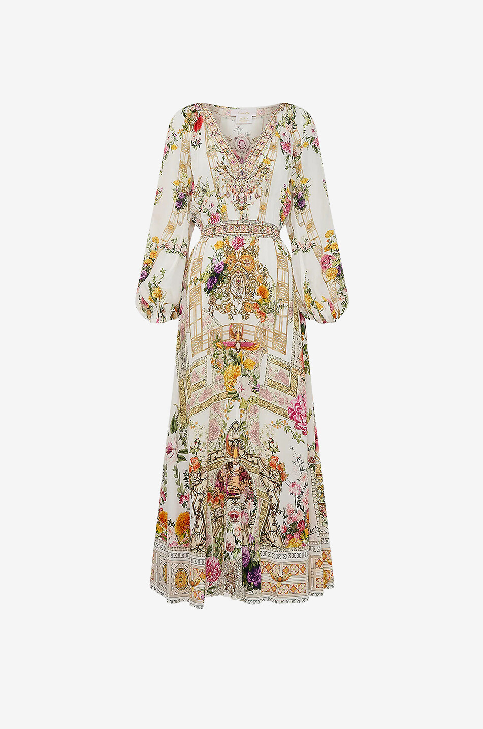 Raglan Shirred Waist Egyptian Rose long printed silk dress with crystals