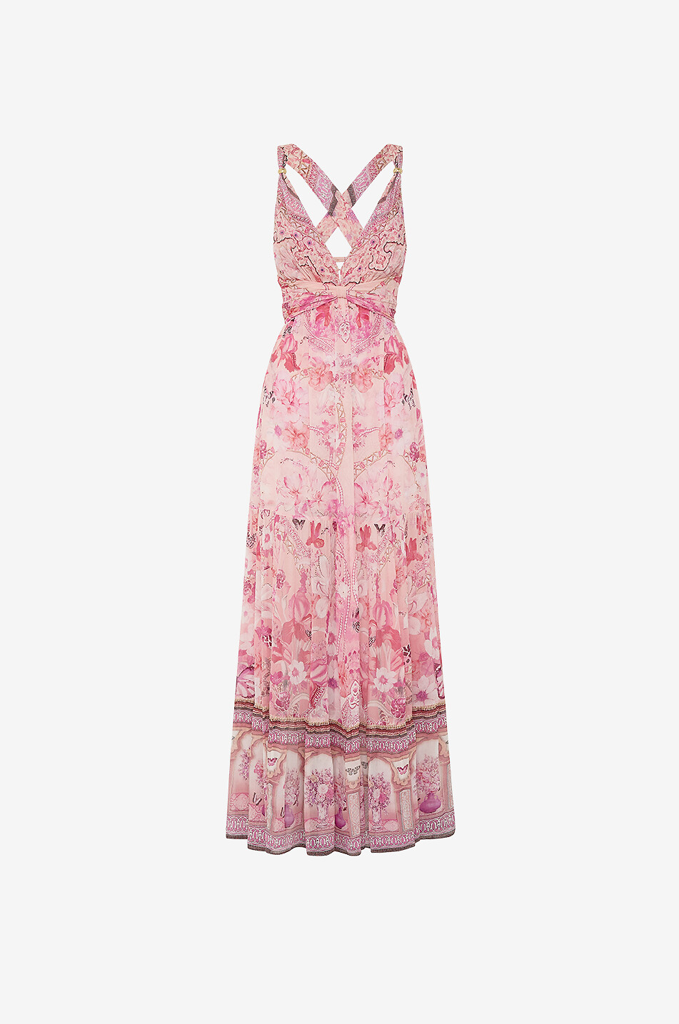 CAMILLA Robe à bretelles longue en georgette de soie Bead Strap Botanical Novella Femme ROSE 1
