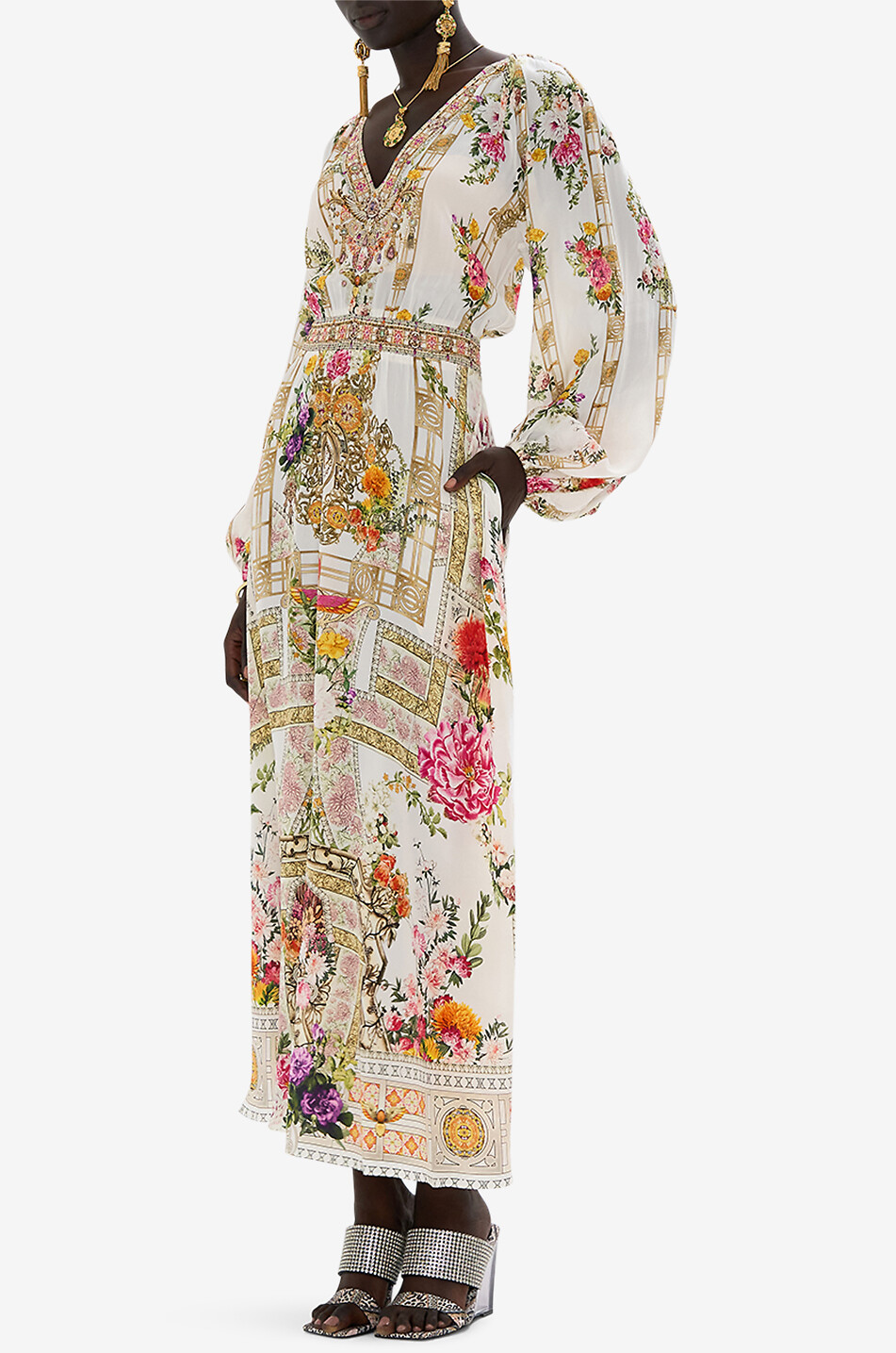 CAMILLA Raglan Shirred Waist Egyptian Rose long printed silk dress with crystals Women WHITE 4