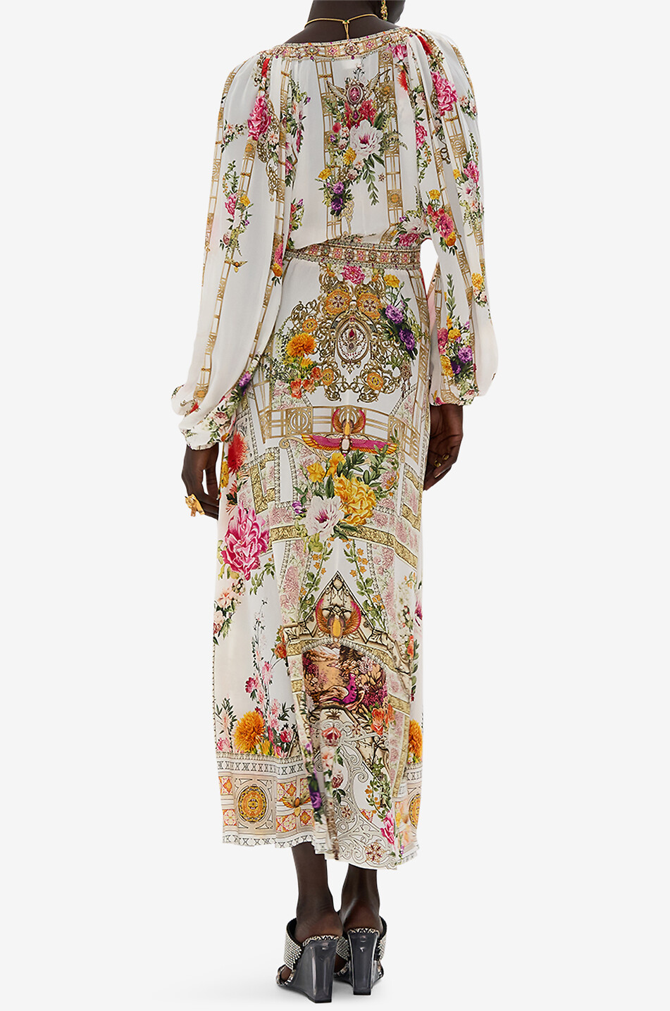 CAMILLA Raglan Shirred Waist Egyptian Rose long printed silk dress with crystals Women WHITE 5