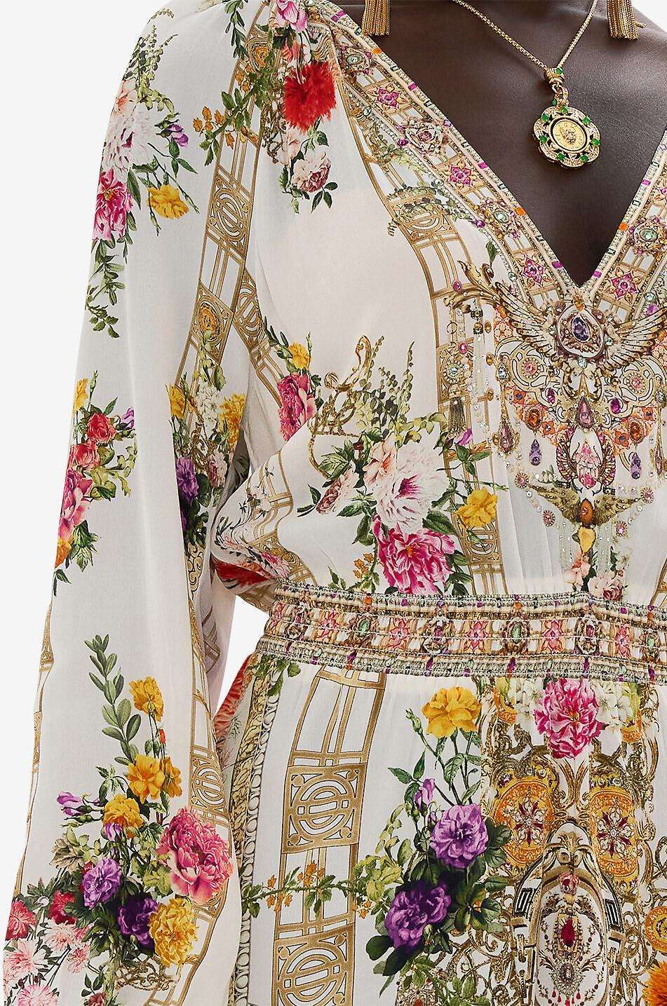 CAMILLA Raglan Shirred Waist Egyptian Rose long printed silk dress with crystals Women WHITE 6