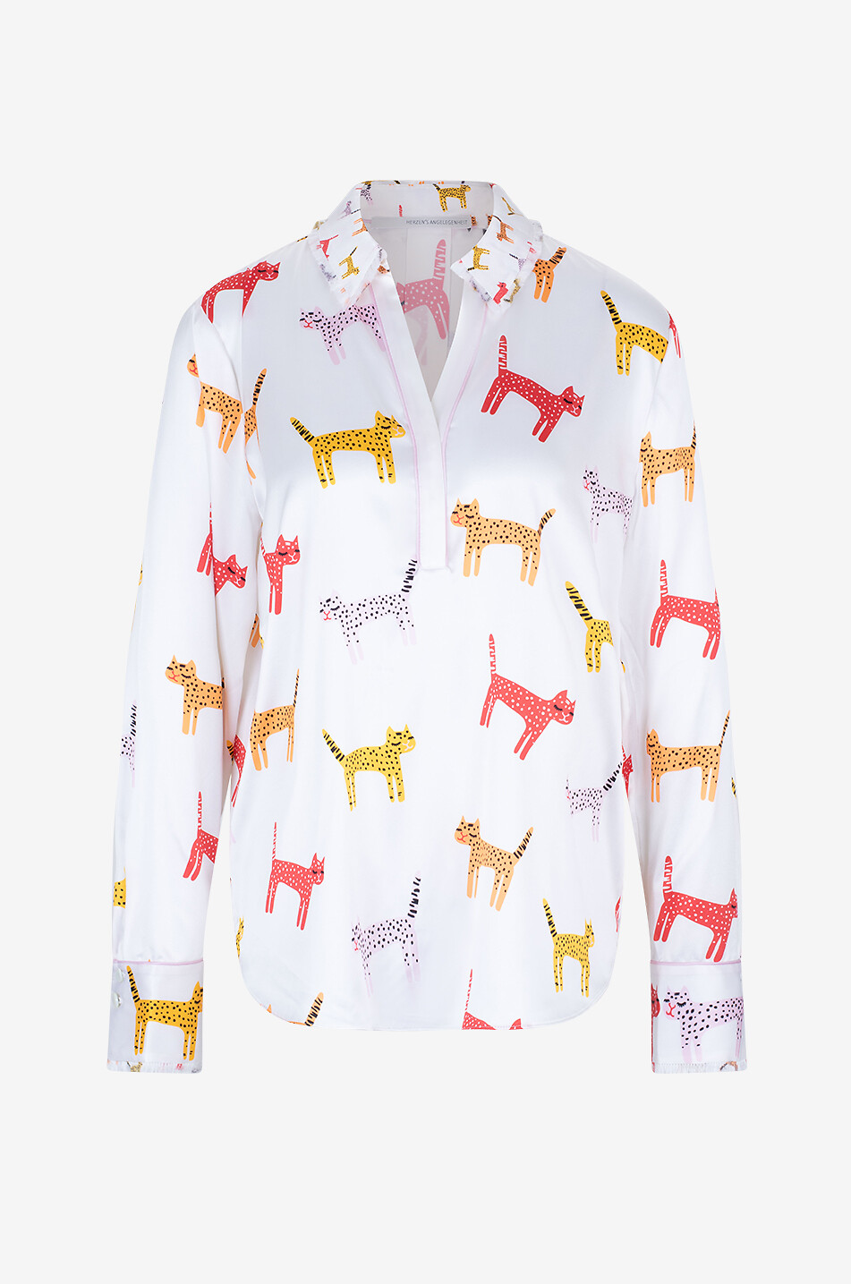 Cat printed silk long-sleeved blouse