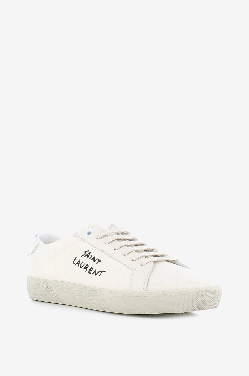 SAINT LAURENT PARIS Court Classic SL/06 distressed canvas low-top lace-up sneakers Women WHITE 1