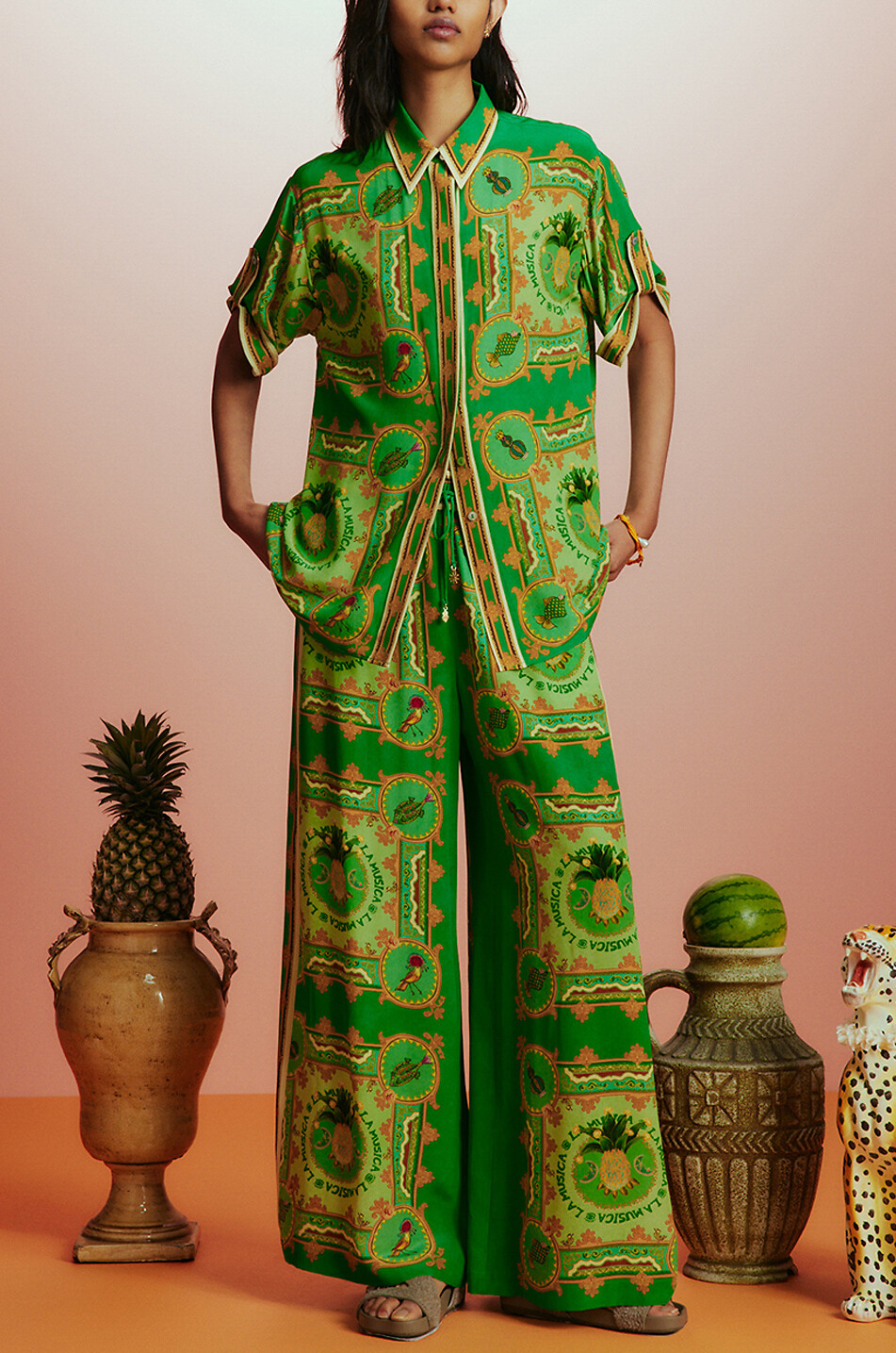 ALEMAIS Weites Kurzarm-Seidencrêpe-Hemd La Musica Damen GRÜN 2