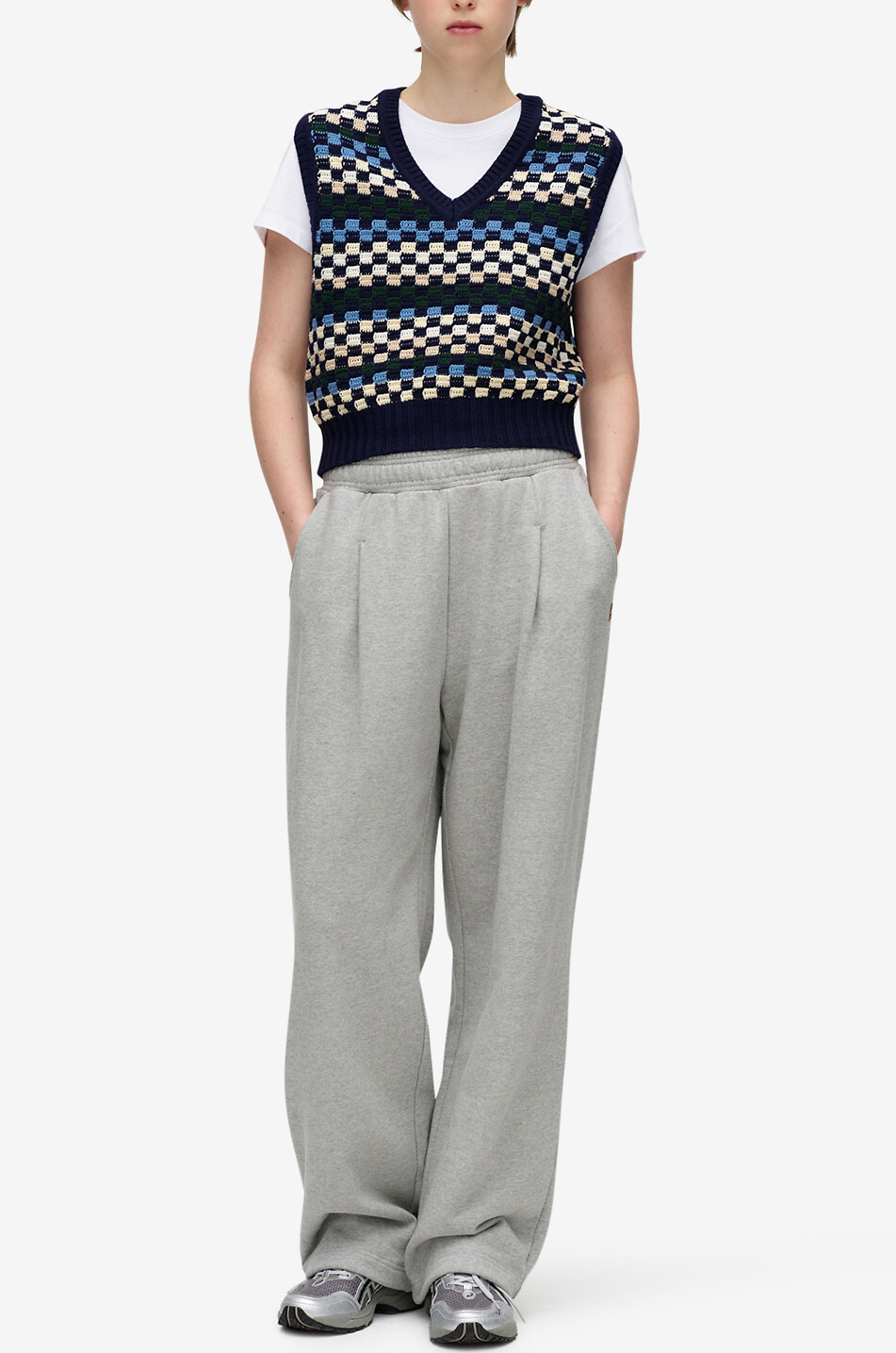 DUNST Pull sans manches à motif damier et col en V Femme BLEU FONCE 3