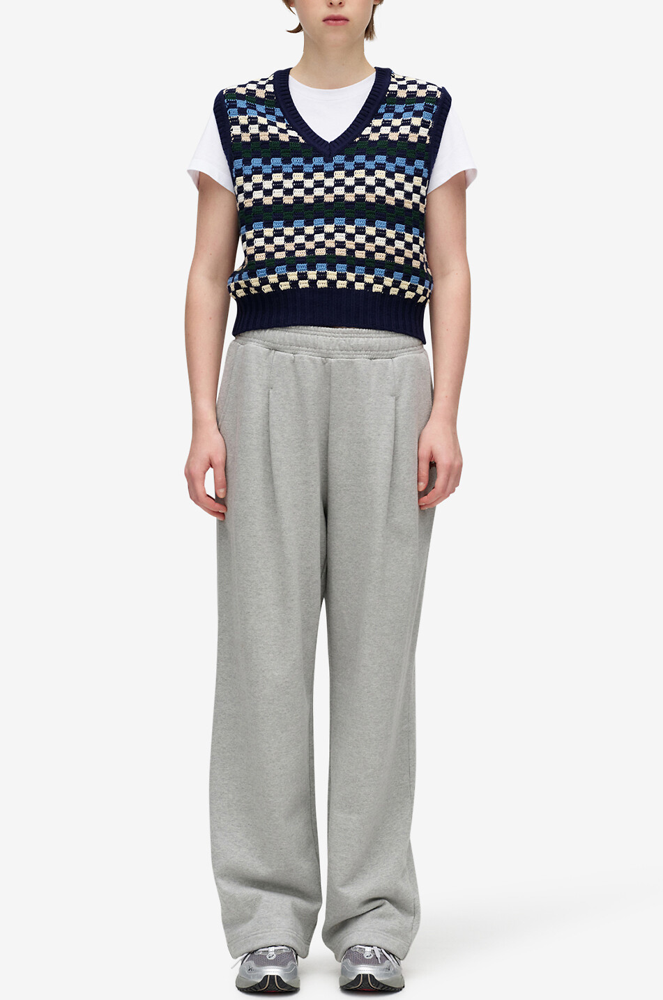 DUNST Pull sans manches à motif damier et col en V Femme BLEU FONCE 4