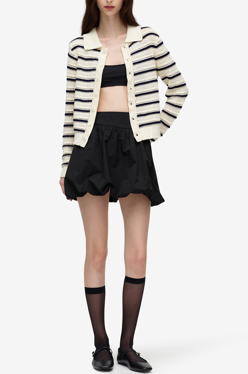 DUNST Gestreifter Lochstrickcardigan mit Hemdkragen Damen WEISS 3