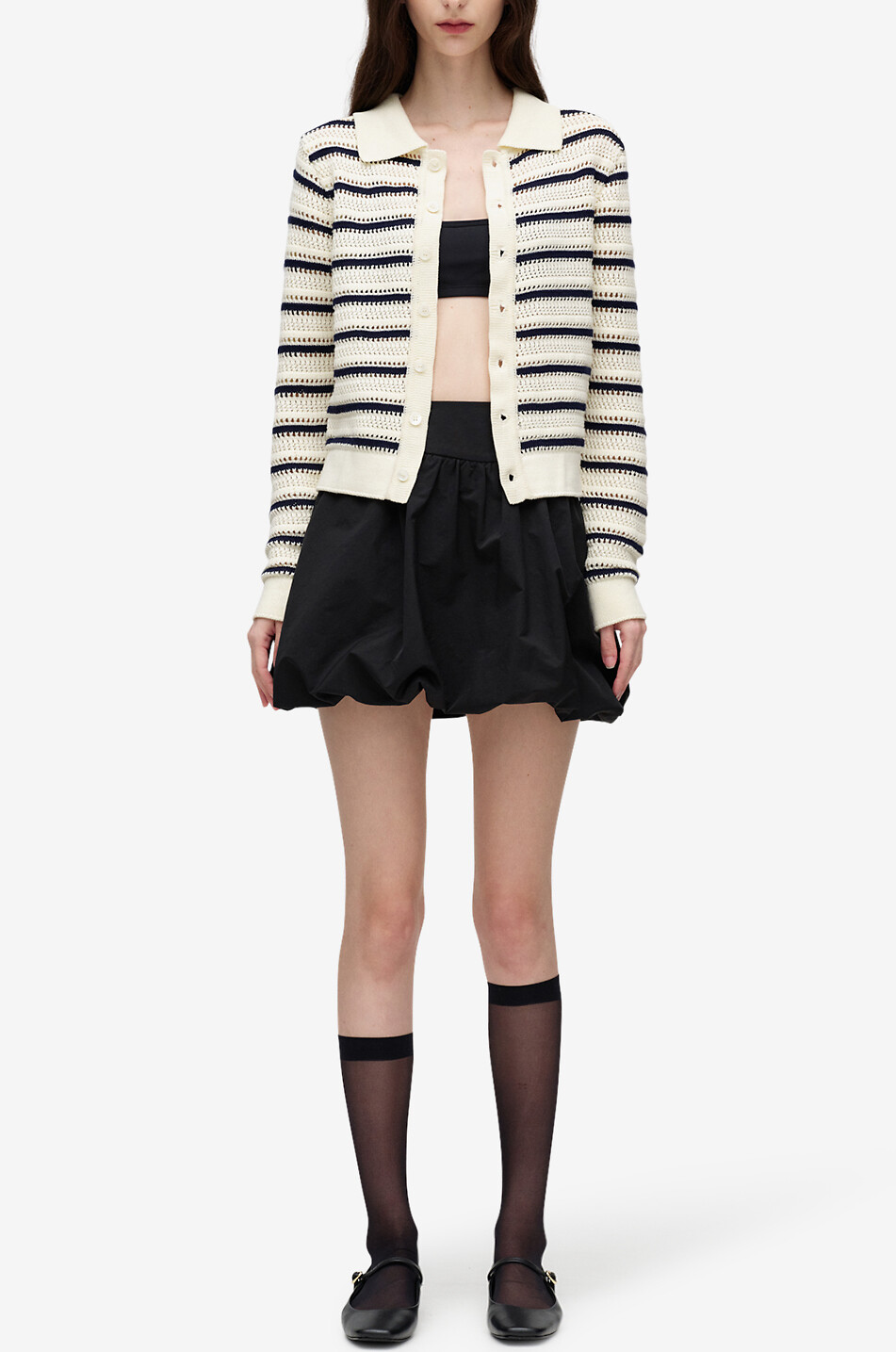 DUNST Gestreifter Lochstrickcardigan mit Hemdkragen Damen WEISS 4