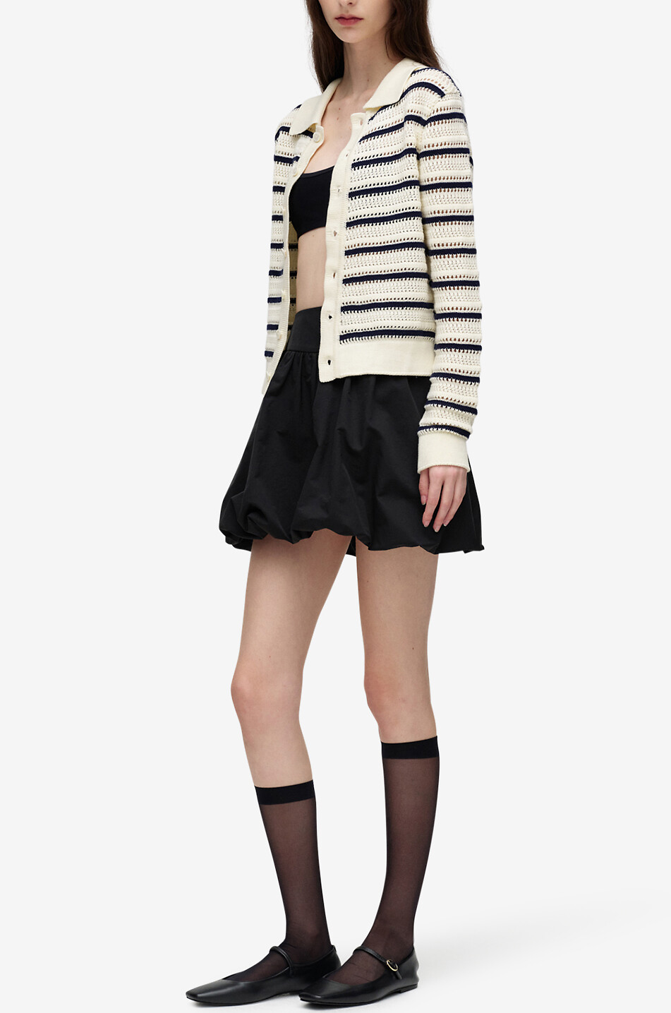 Gestreifter Lochstrickcardigan mit Hemdkragen