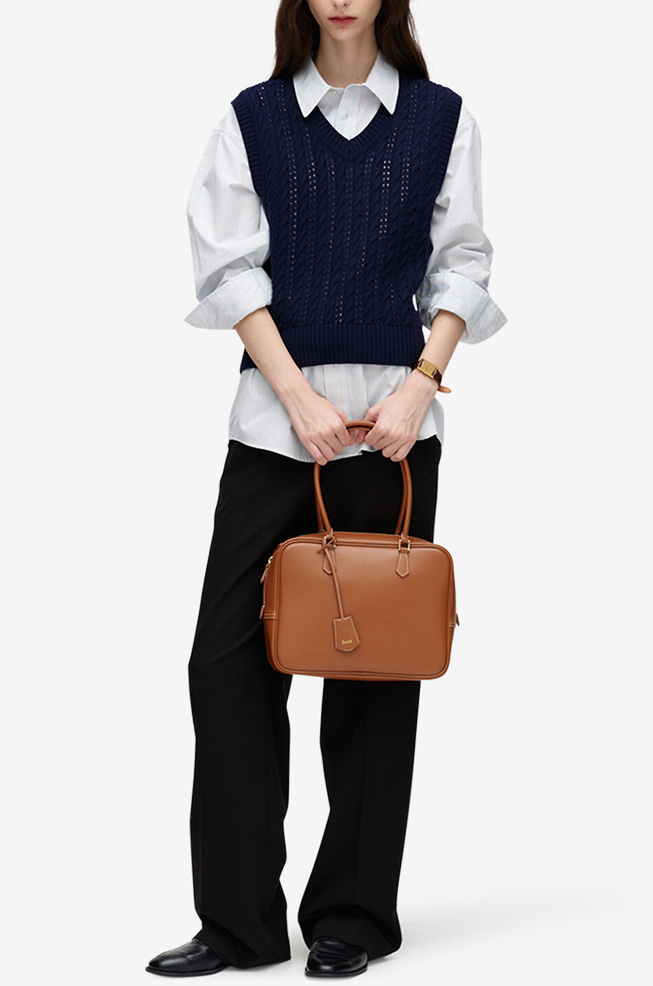 Ärmelloser Loch- und Zopfstrick-Pullover mit V-Ausschnitt