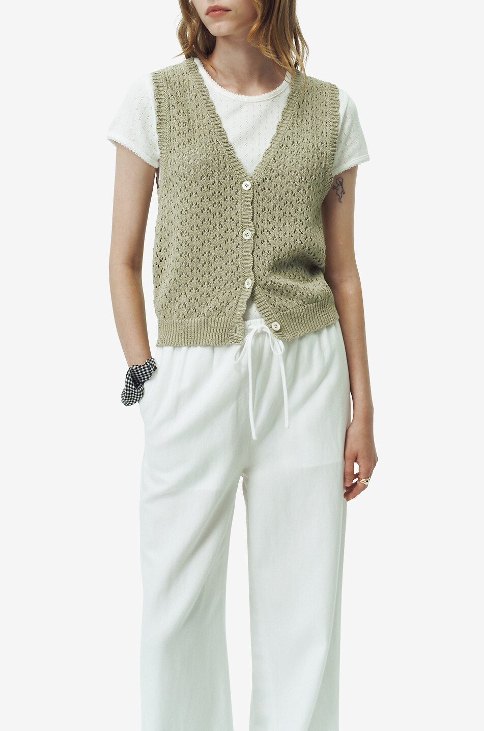 DUNST Gilet ajouré boutonné à col en V Femme VERT 3