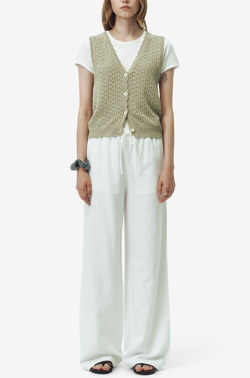 DUNST Gilet ajouré boutonné à col en V Femme VERT 4