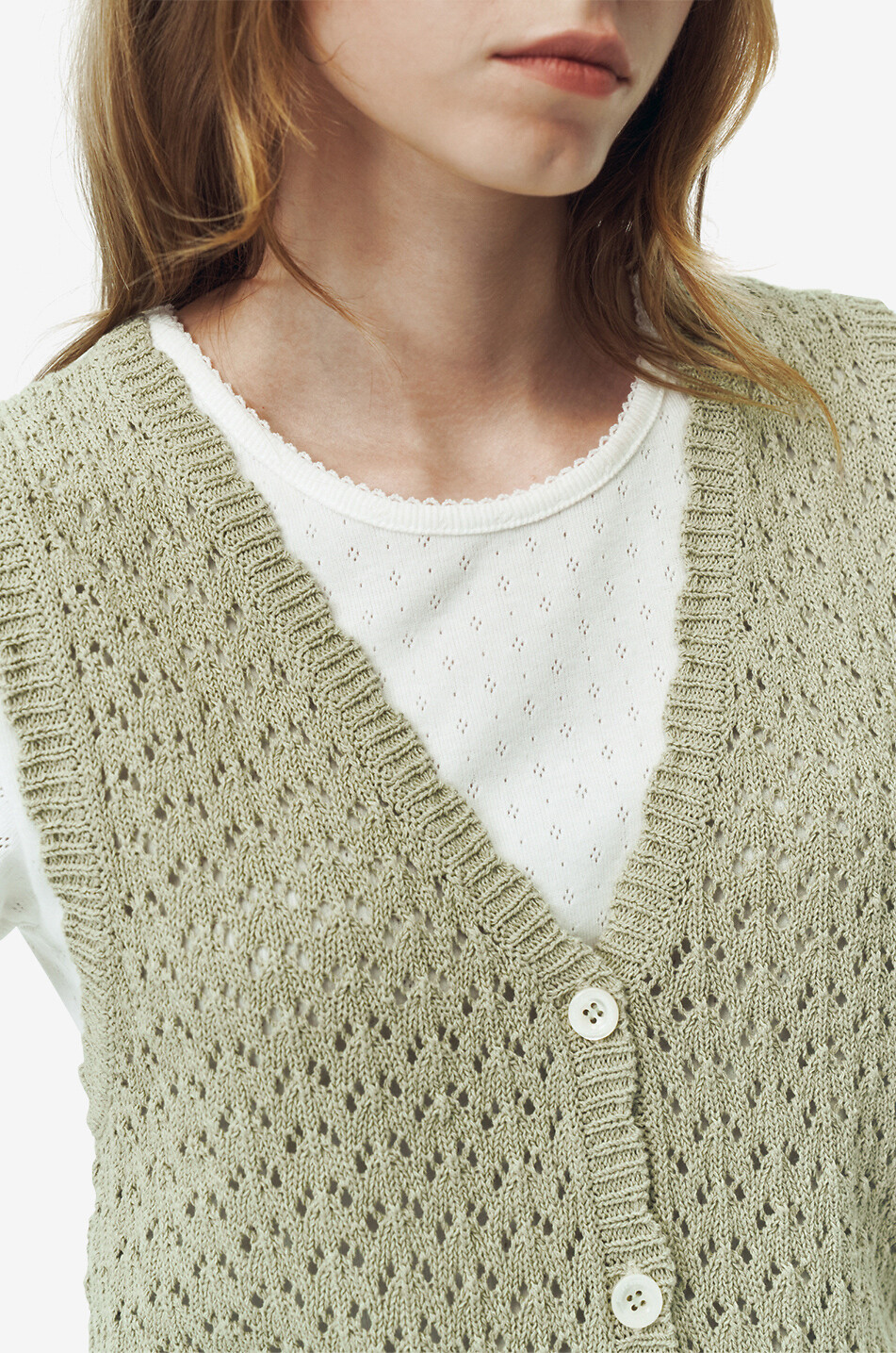 DUNST Gilet ajouré boutonné à col en V Femme VERT 7