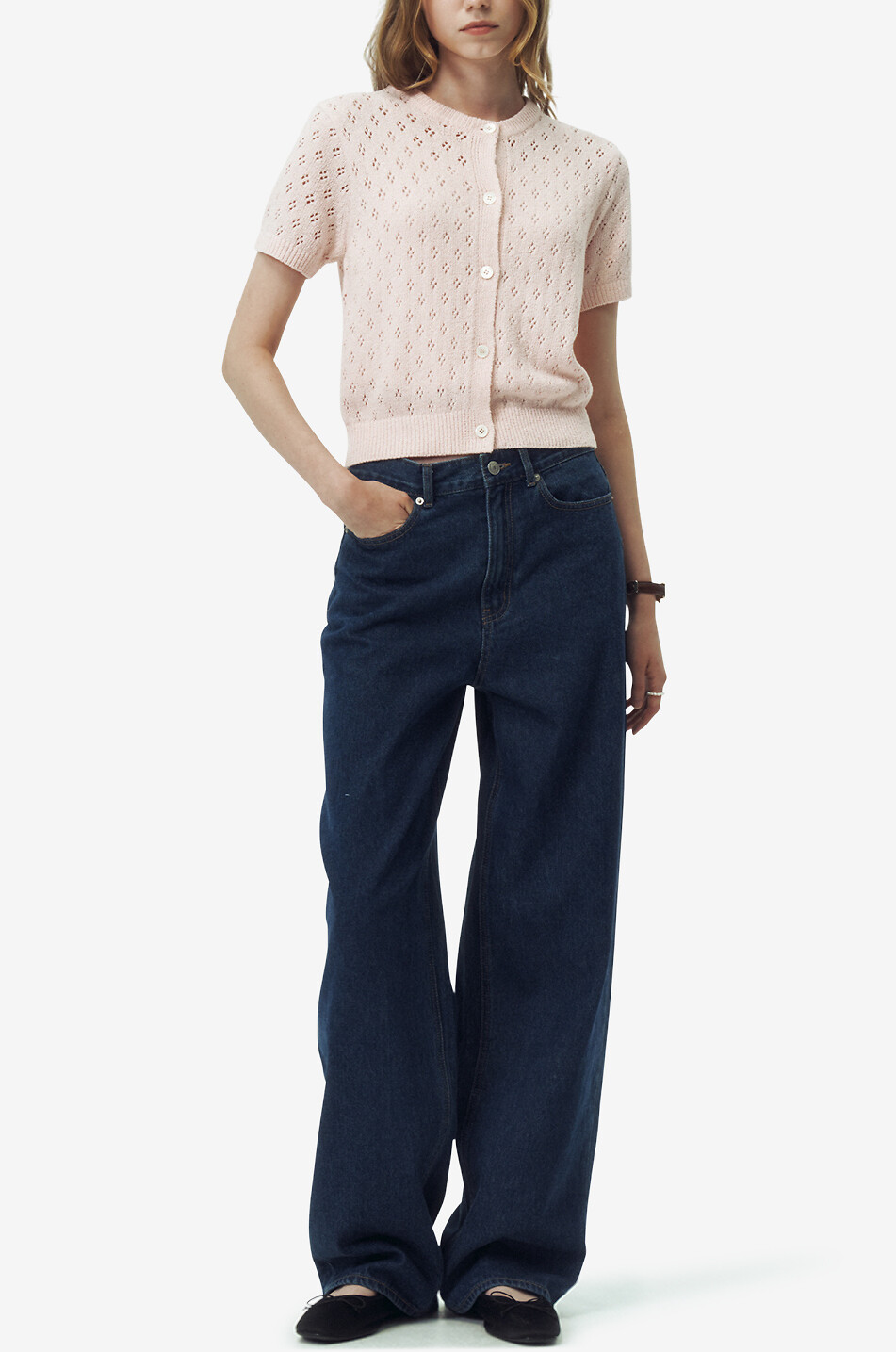 DUNST Short-sleeved pointelle-knit cardigan Women PINK 4