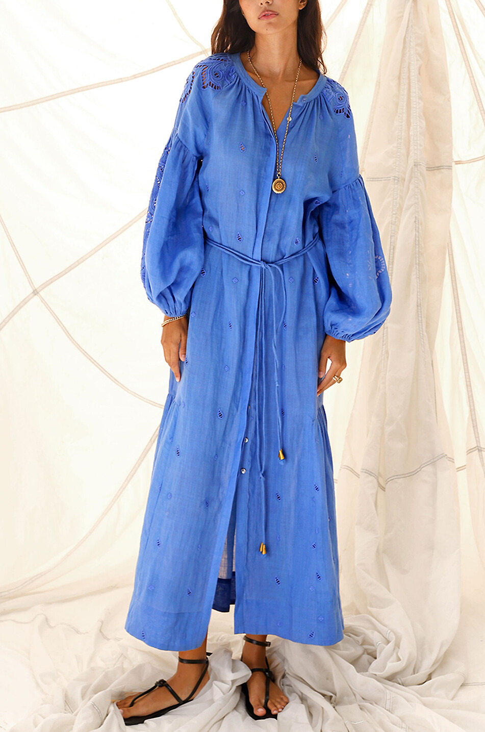 SCARLETT POPPIES Liwa embroidered loose ramie midi dress Women BLUE 3