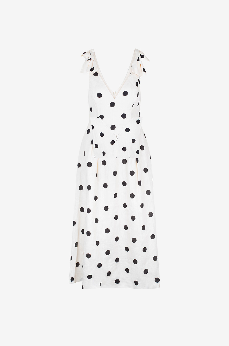 Crush V-neck polka dot linen sleeveless flared midi dress