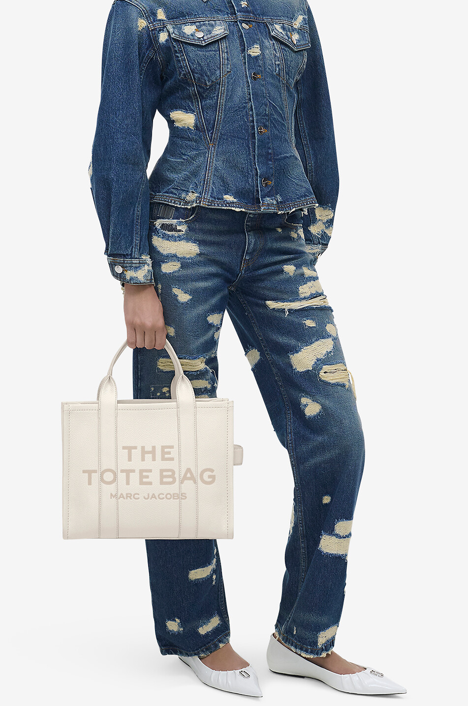 MARC JACOBS Sac cabas en cuir grainé The Leather Medium Tote Femme BLANC CASSE 3