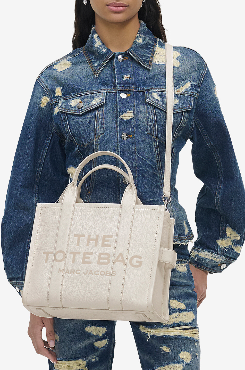 MARC JACOBS Sac cabas en cuir grainé The Leather Medium Tote Femme BLANC CASSE 4