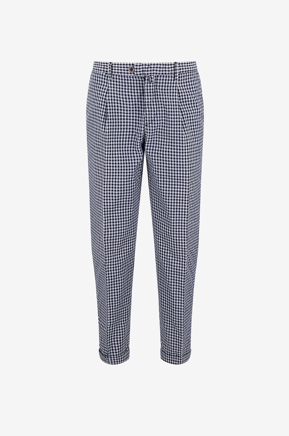 B SETTECENTO Gingham check linen blend carrot trousers Men DARK BLUE 1