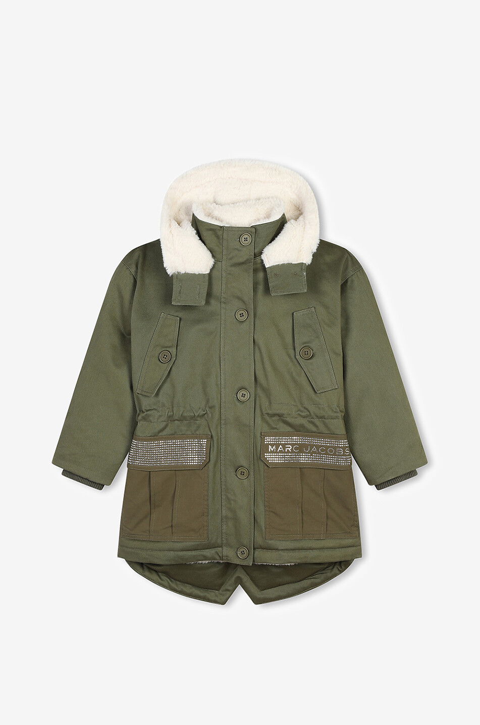 Parka en sergé et peluche fille à strass et logo