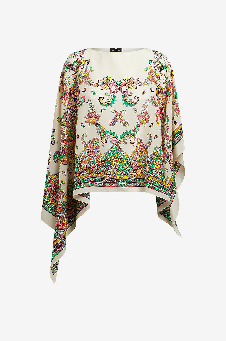 Floral Paisley print adorned asymmetric silk poncho