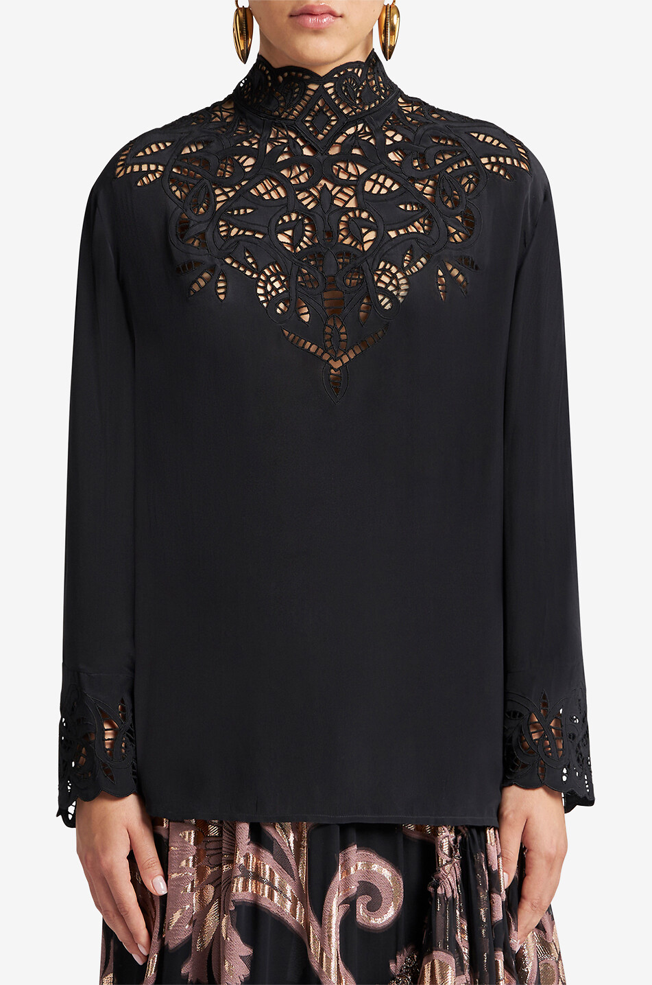 ETRO Seidenbluse mit Lochstick-Latz Damen SCHWARZ 3