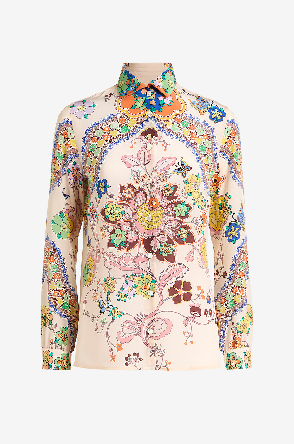 Flower and butterfly printed silk crêpe shirt