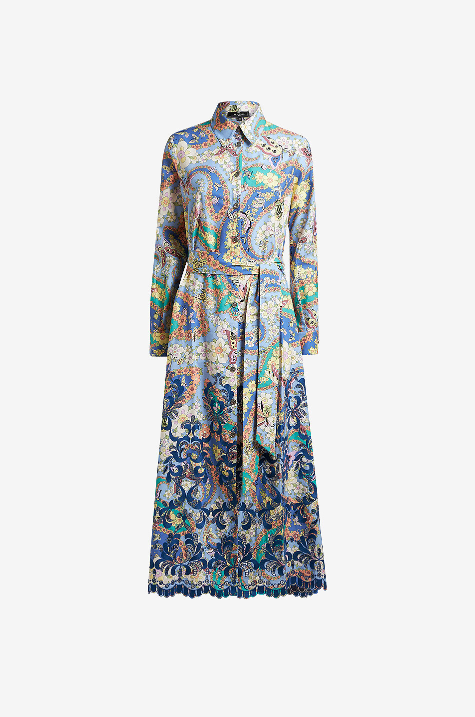 Long printed poplin shirt dress with embroideries